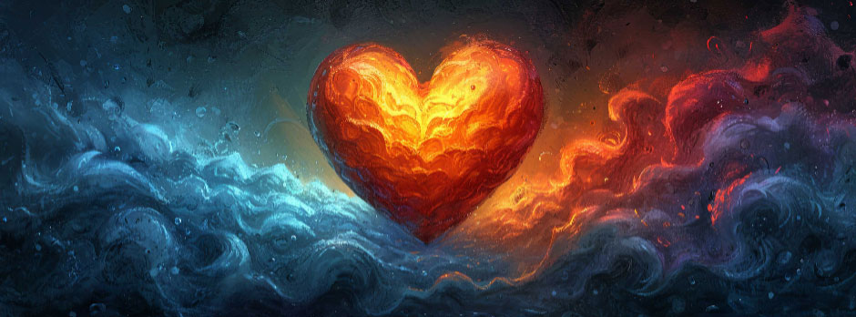 A glowing red heart surrounded by swirling clouds in shades of blue and red.