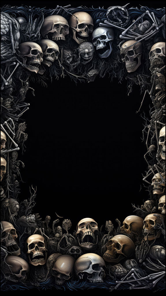 A black frame surrounded by skulls and bones