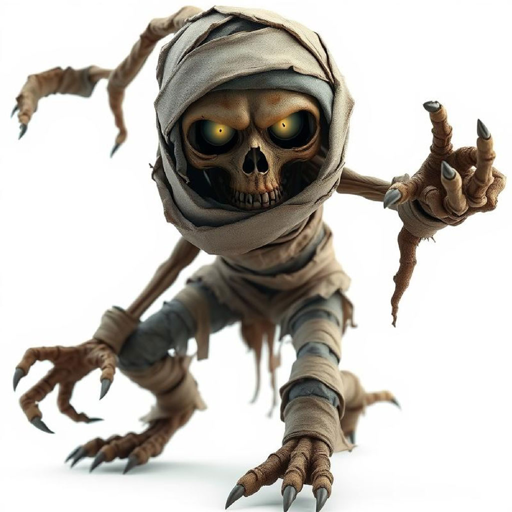 A mummy skeleton with glowing yellow eyes and sharp claws on a white background.