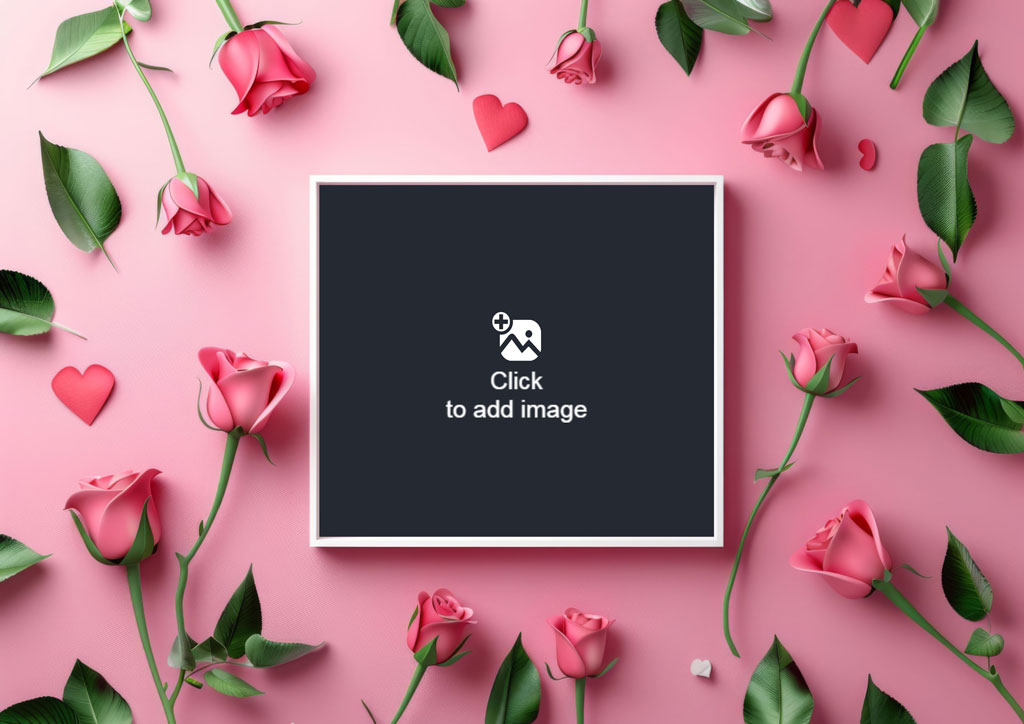 White framed blackboard surrounded by pink roses and hearts on a pink background.