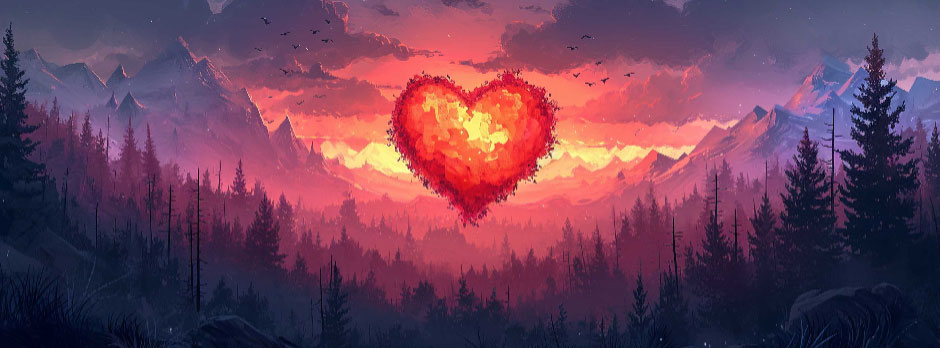 A heart-shaped formation glows brightly in the sky above a forest and mountains during a colorful sunset.