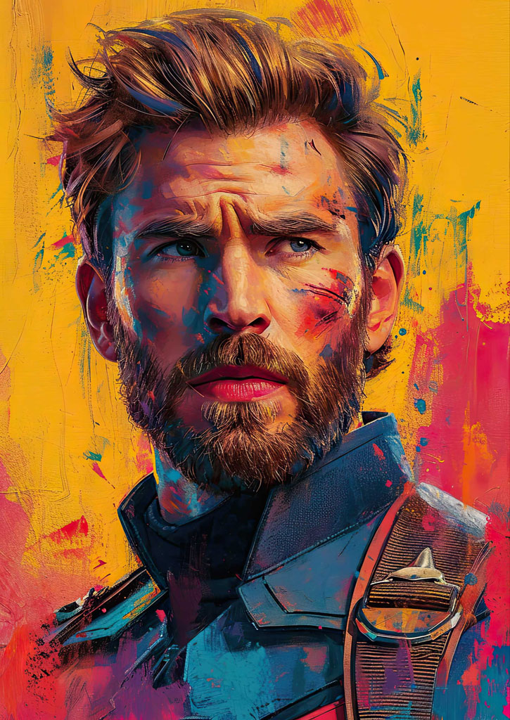 A man with a beard and leather jacket against a colorful background