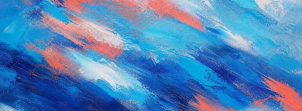 Abstract blue and orange painted background with diagonal brush strokes.