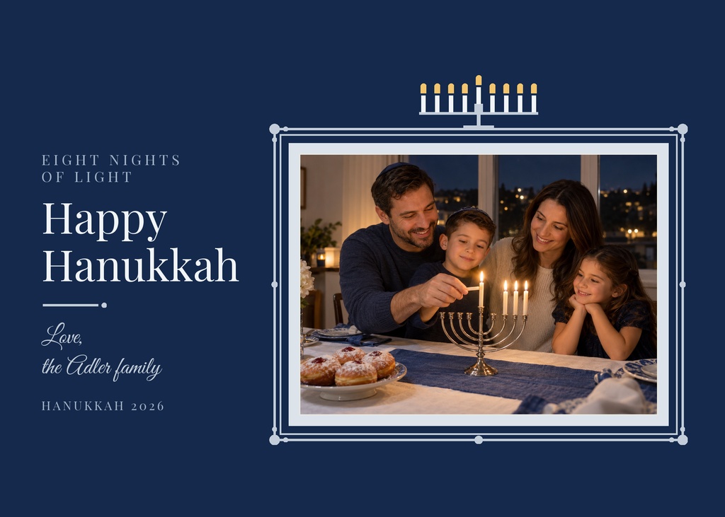 Family gathered around a menorah beside a framed photo and Happy Hanukkah text on a navy card