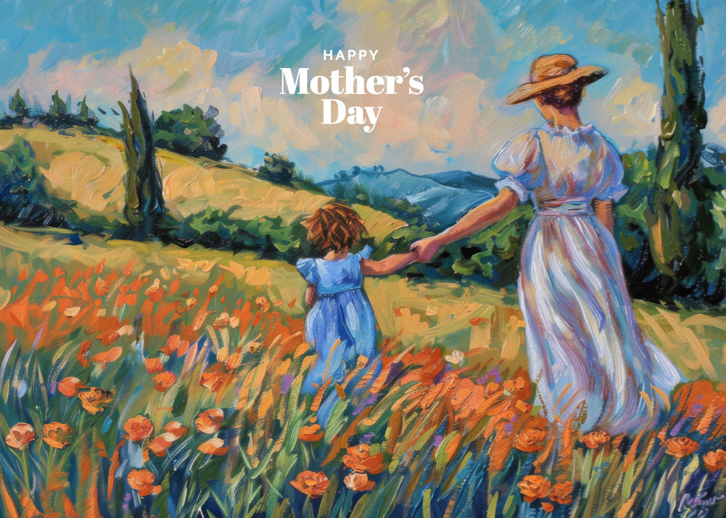 Mother and child holding hands in a field of orange flowers