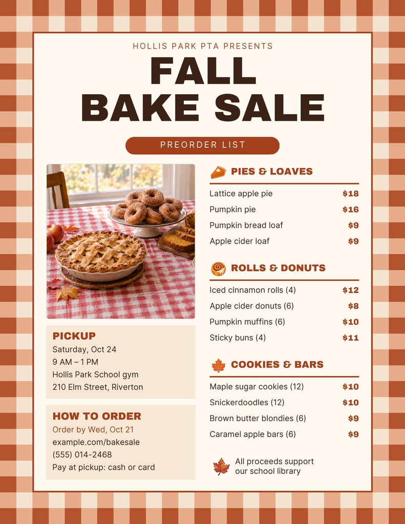 Preview for Fall Bake Sale Preorders Letter Menu / Price List Template