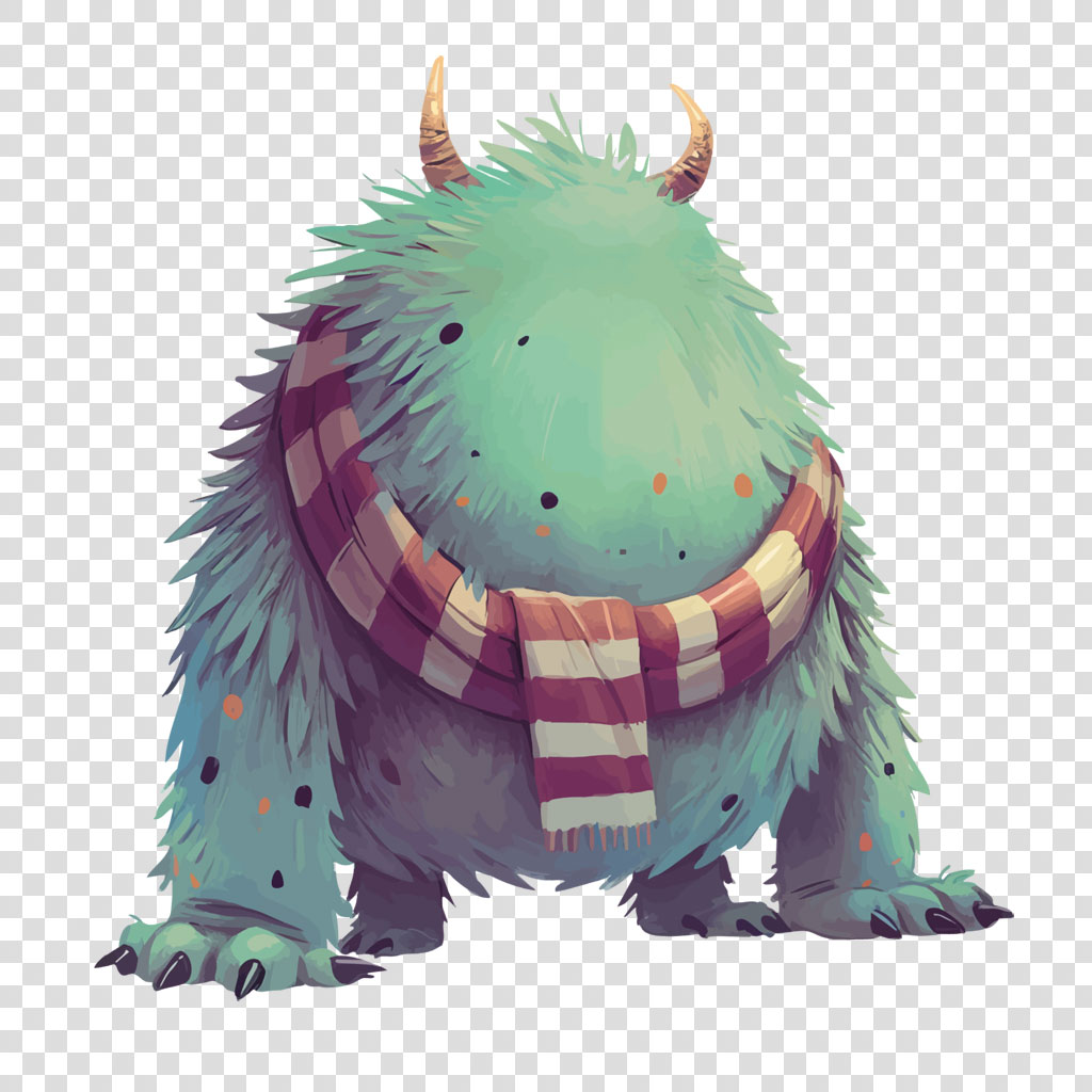 A cartoon monster with green fur, horns, and a striped scarf.