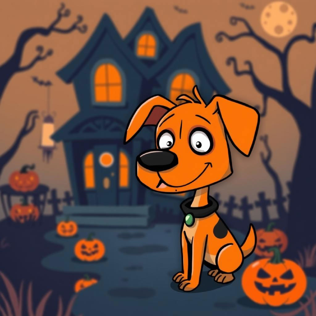 Cartoon characters standing in front of a haunted house with pumpkins and a full moon in the background.