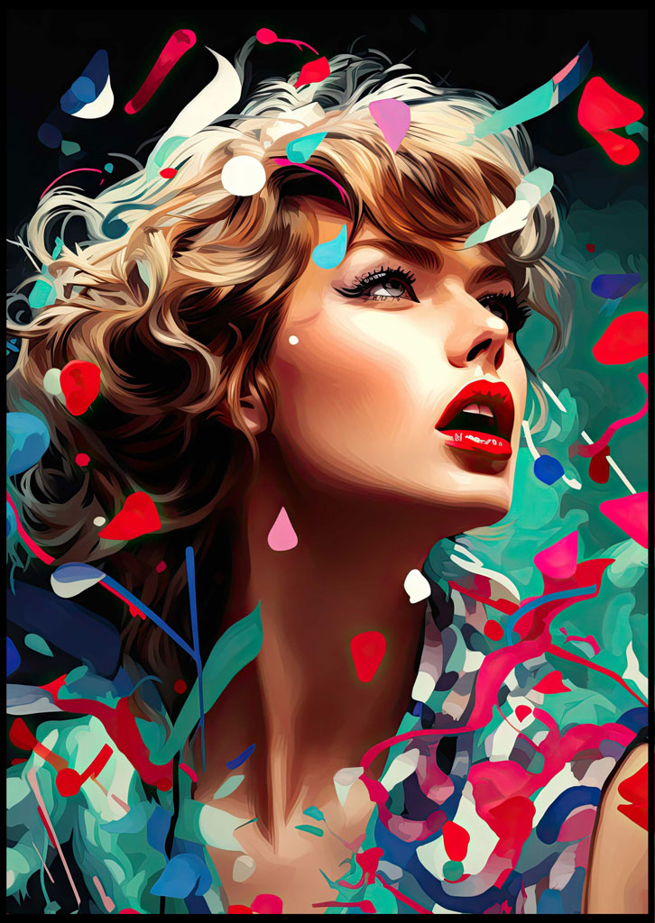 A digital artwork of a woman's face with colorful abstract shapes around her