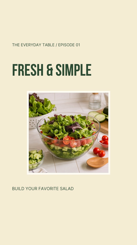 Portrait reel cover with a fresh salad bowl, green title text, and a light beige background.