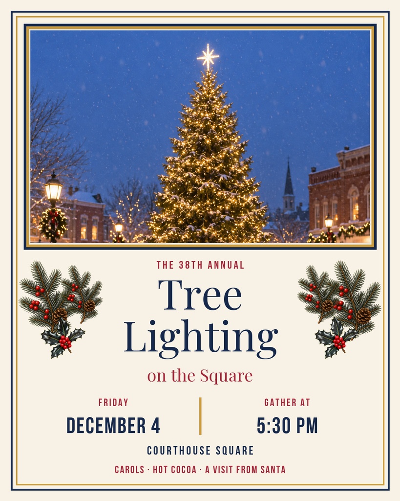 Portrait holiday flyer with a lit Christmas tree, decorative greenery, and event details on a cream background.