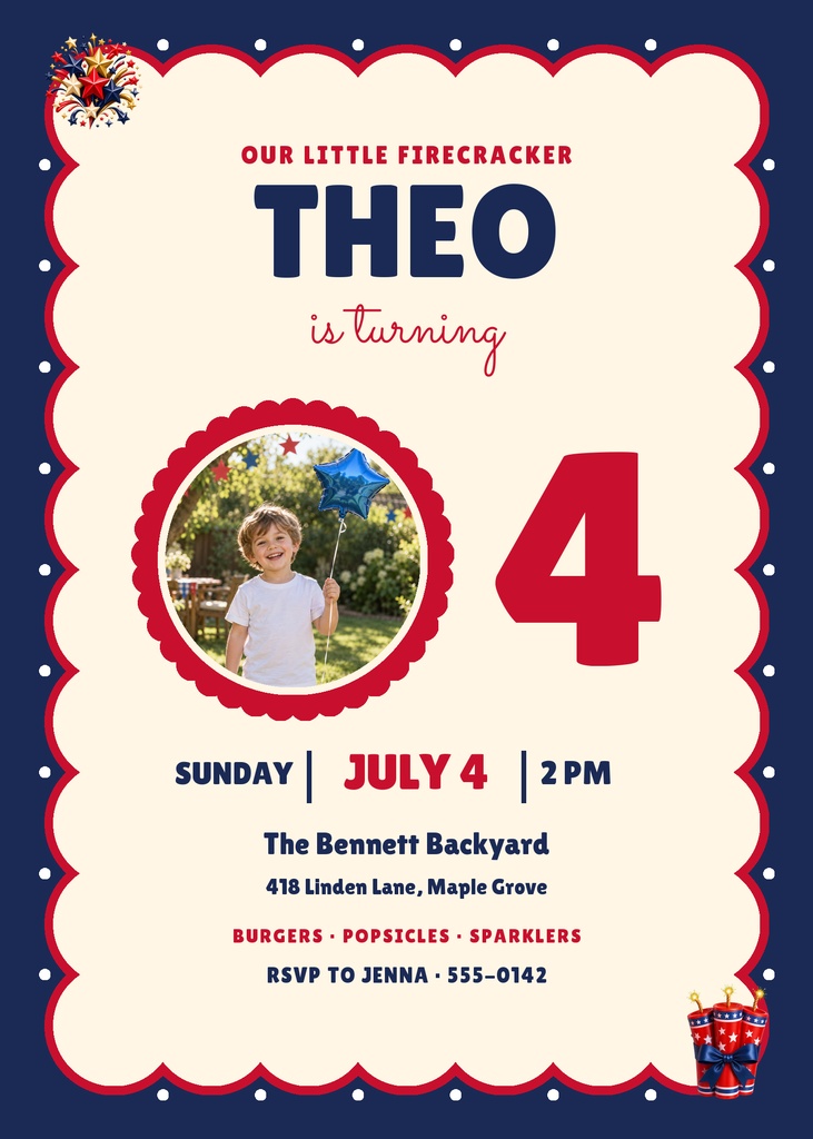 Preview for Firecracker Fourth Birthday 5 × 7 Invitation Template
