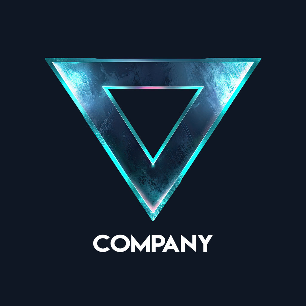 Company logo with a neon-lit inverted triangle