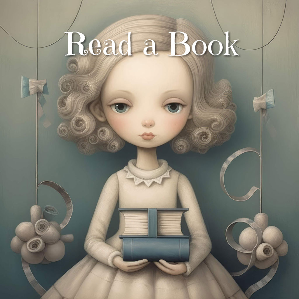 Illustration of a girl with curly hair holding a book.