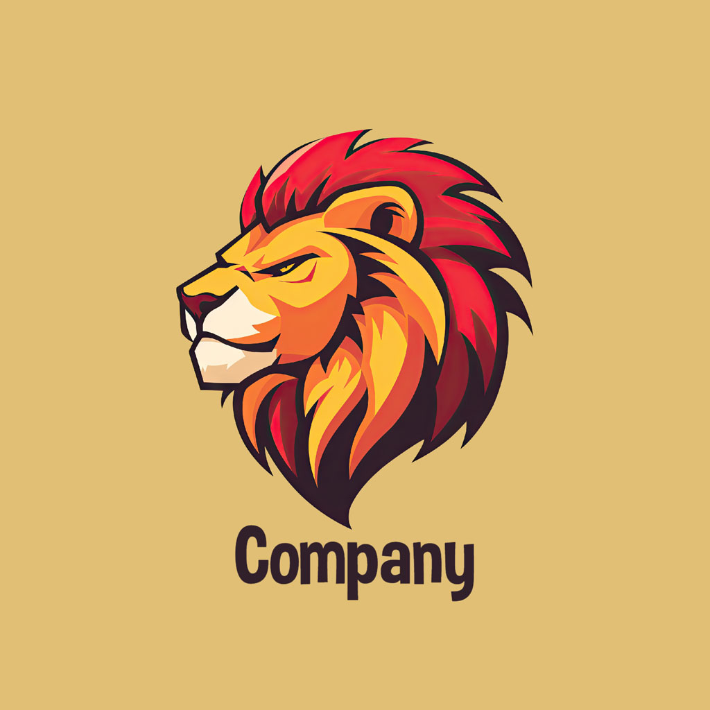 Stylized lion head logo with red, orange, and yellow colors