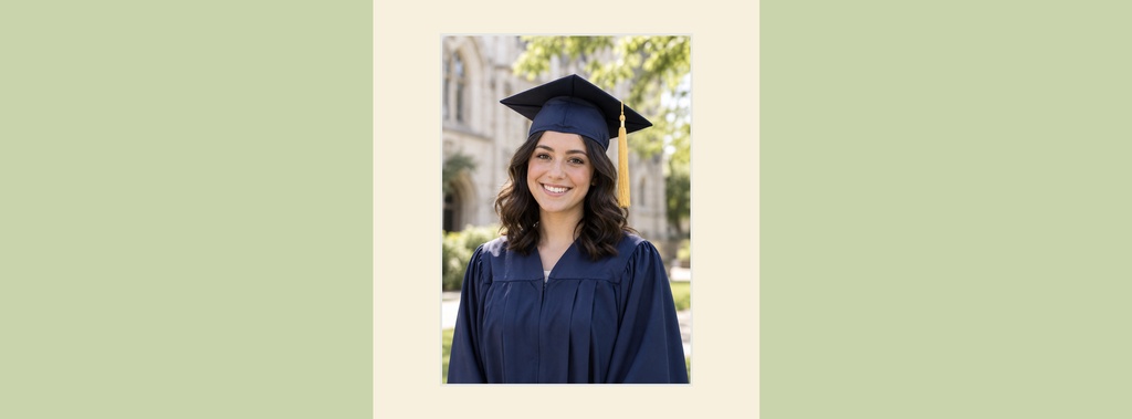 A smiling graduate in cap and gown on a soft green page cover template.