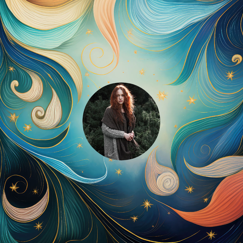 Woman with long red hair in a circular frame surrounded by swirling blue and beige clouds, stars, and crescent moons.