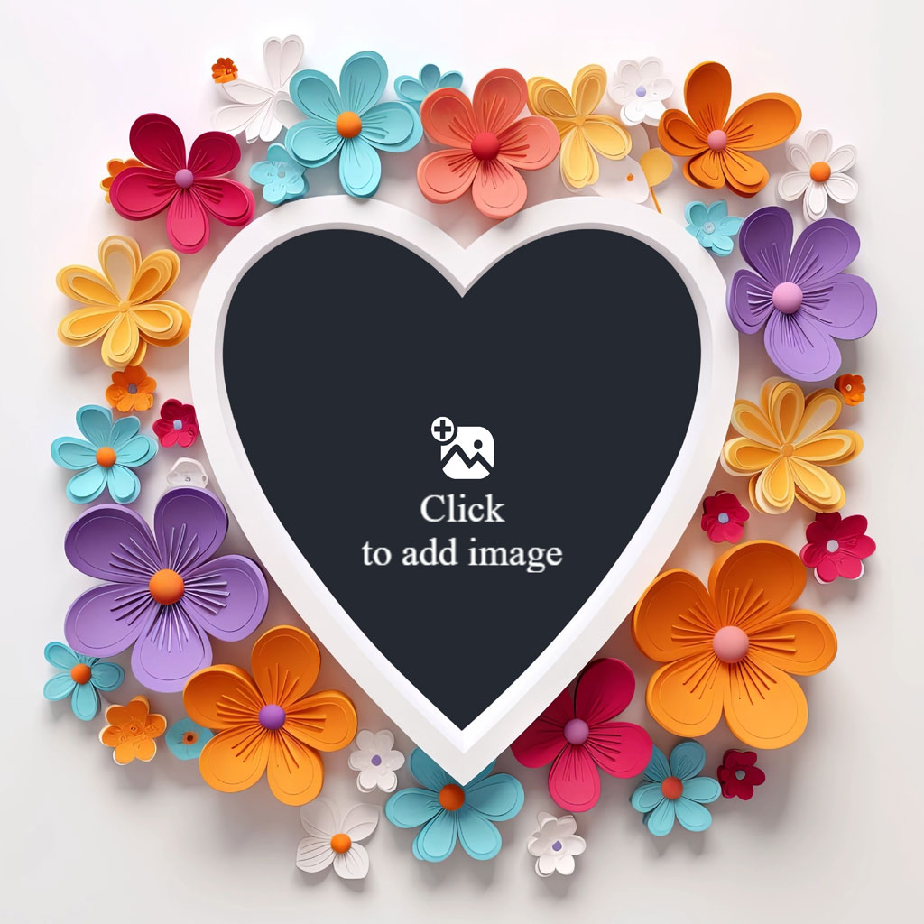 A white heart-shaped frame with a black center, surrounded by colorful paper flowers.