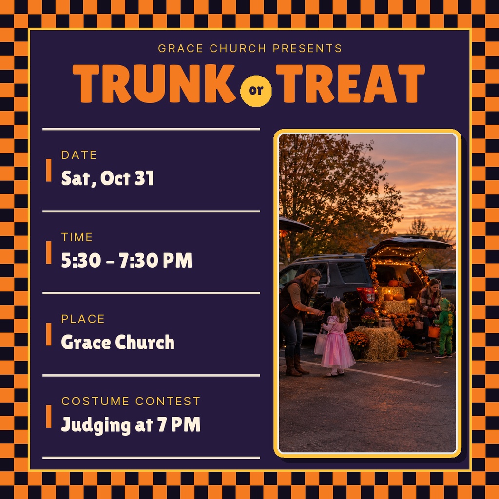 Square flyer with orange-and-black checkered border, trunk or treat title, event details, and a photo of decorated cars at sunset.