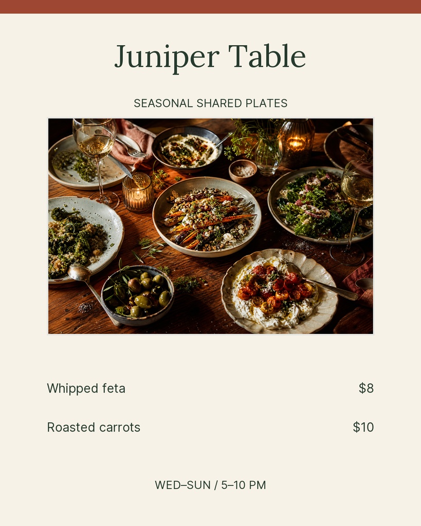 Portrait restaurant menu with seasonal shared plates, food photo, dish names, prices, and evening hours.