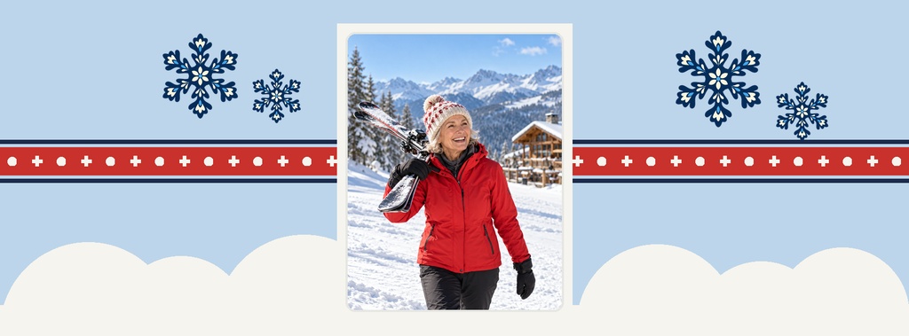 Winter birthday cover with snowflakes, red banner, and a skier in front of snowy mountains