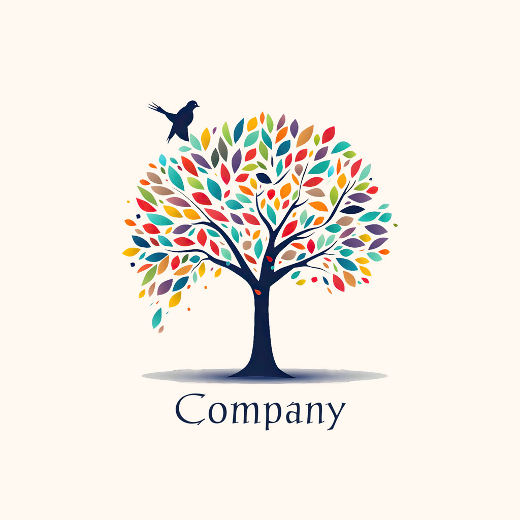 Colorful tree with a bird flying above it