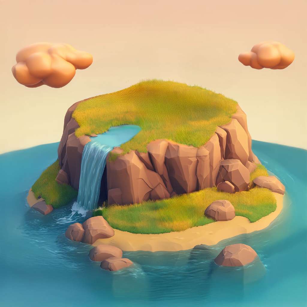 A 3D illustration of a small island with a waterfall and greenery surrounded by water.