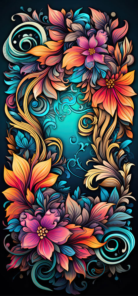 A digital illustration of a floral pattern with large flowers and swirling leaves in various colors.