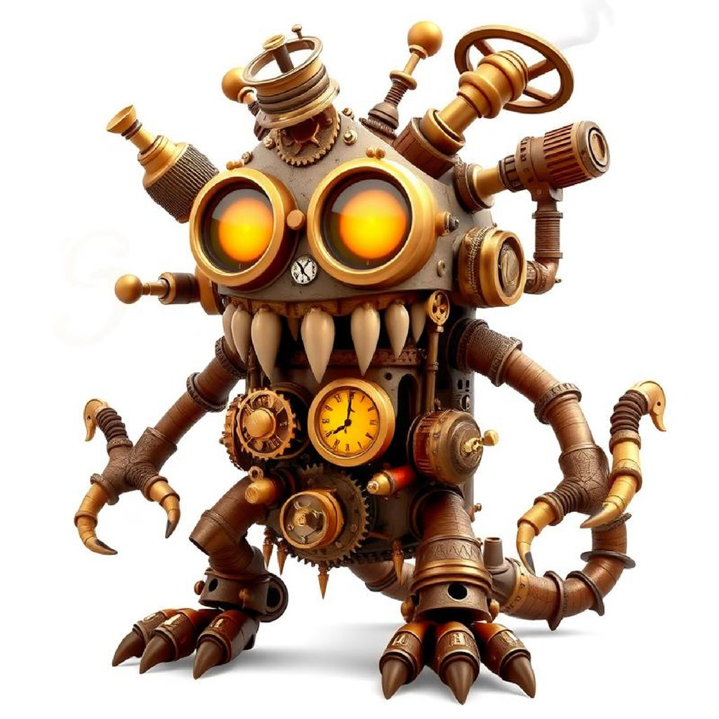 Steampunk mechanical creature with glowing eyes and clockwork components