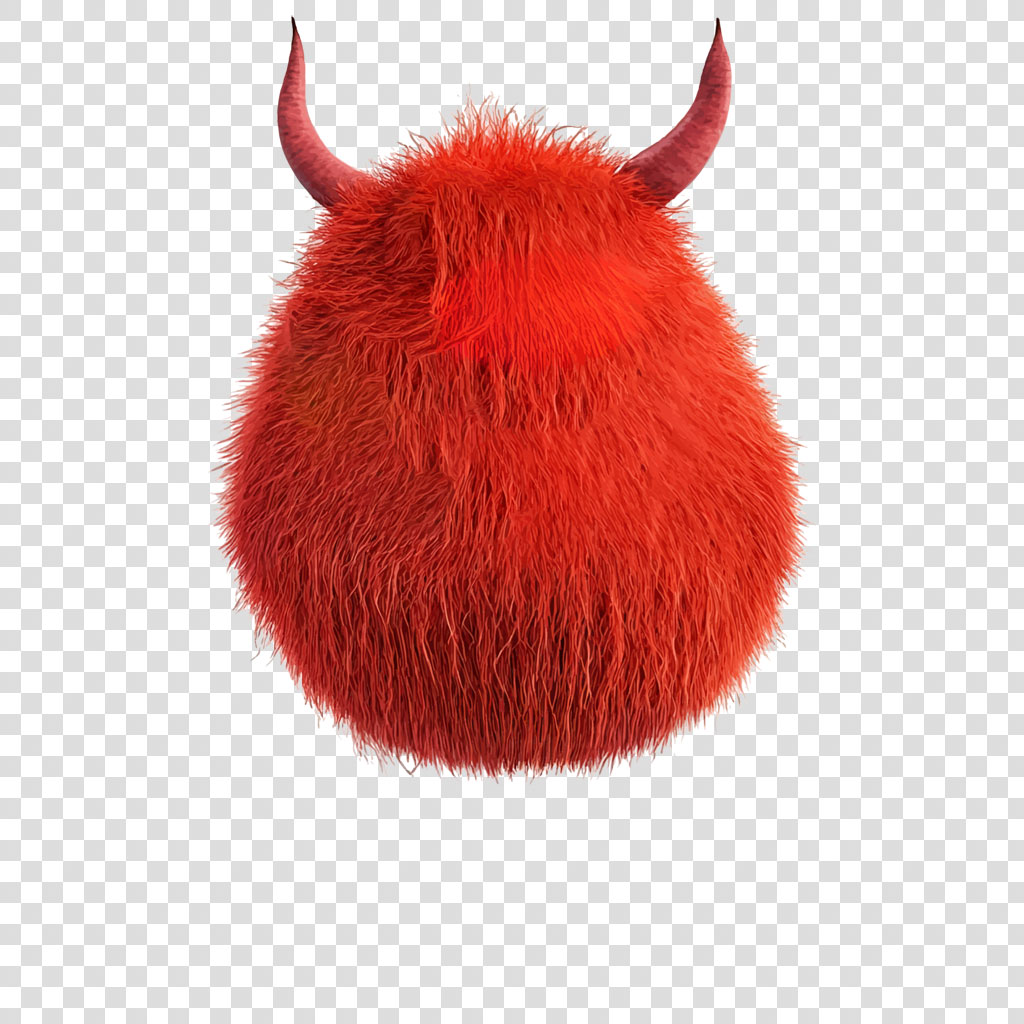 A red, furry, round creature with two red horns on its head.