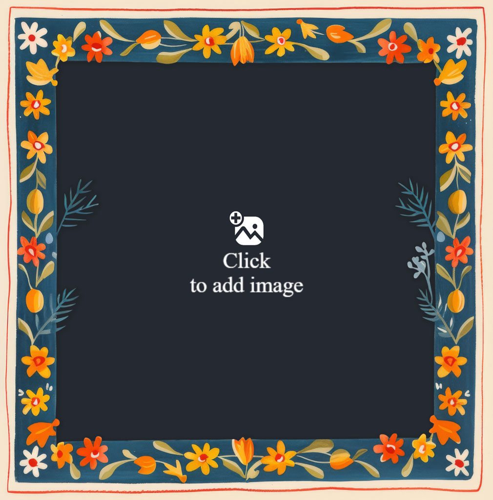 A square floral frame with orange, yellow, and white flowers on a dark blue background.