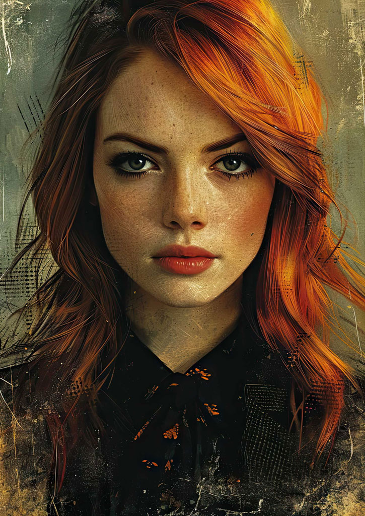 A woman with long red hair and red lipstick looks directly at the camera.