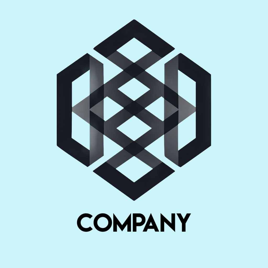 Company logo with interlocking hexagons on a light blue background