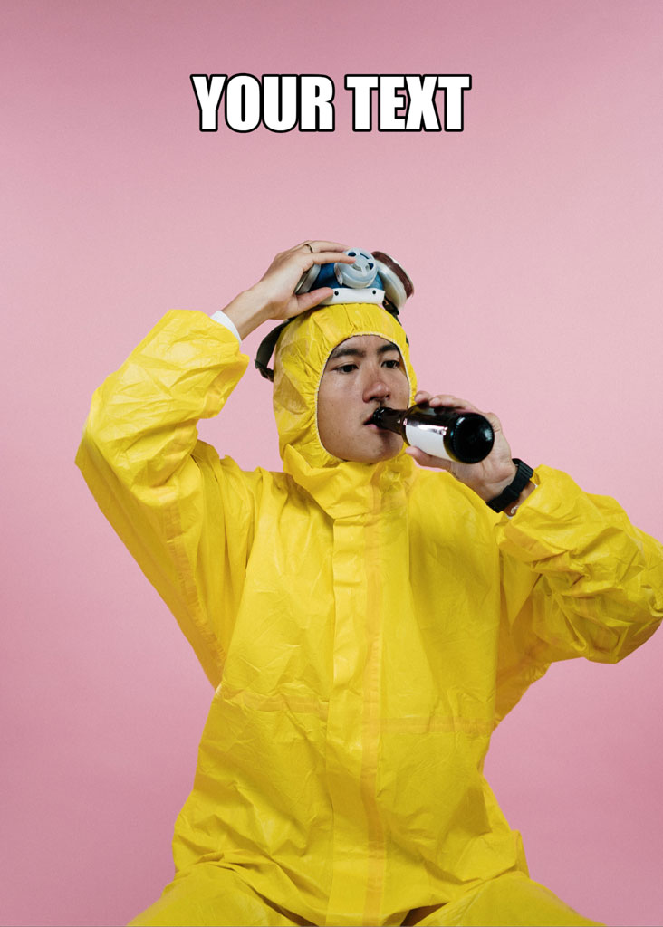 Man in yellow hazmat suit drinking from a bottle