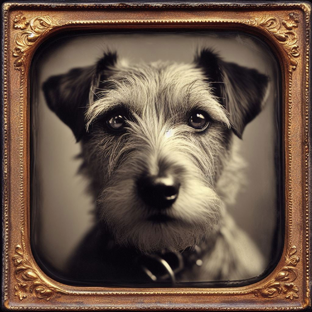 A white puppy looking directly at the camera with a dark background.