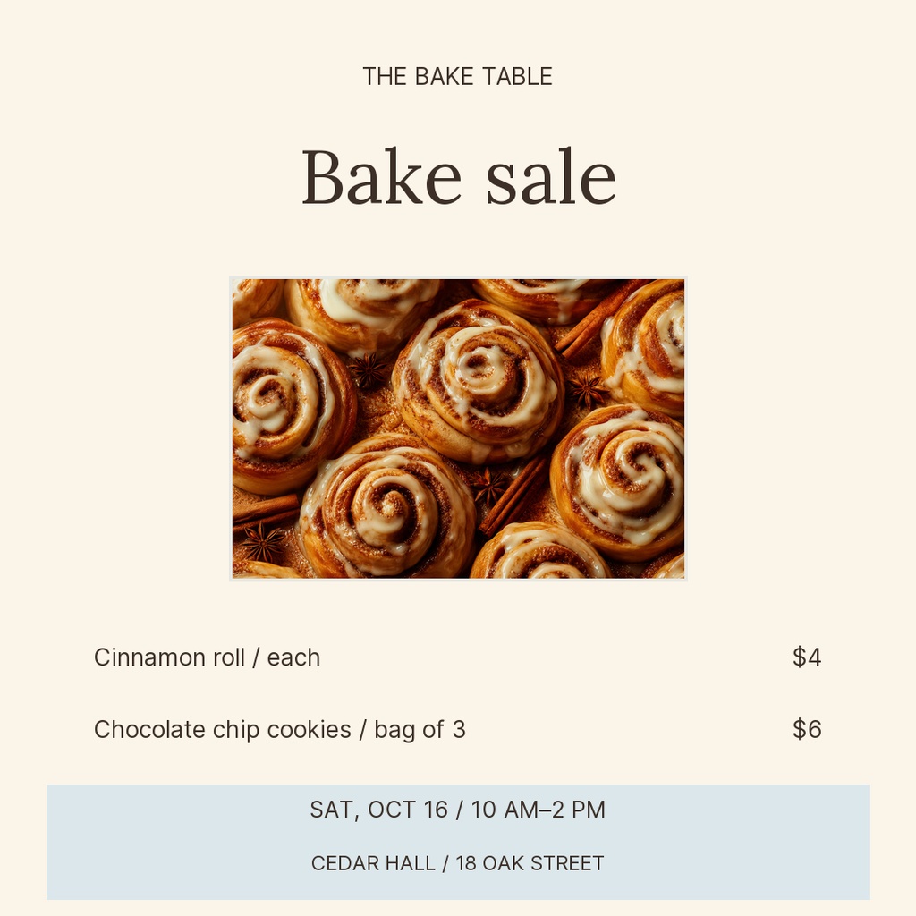 Square bake sale post with cinnamon roll photo, item list, prices, and event details.