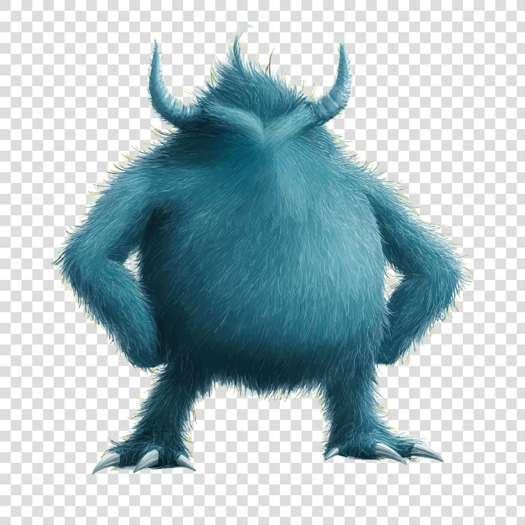 A blue furry monster with horns and sharp claws