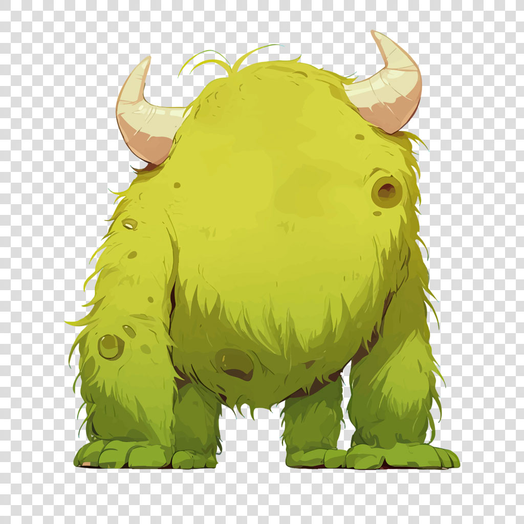 A green cartoon monster with horns and shaggy fur.