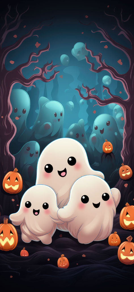 Cartoon illustration of friendly ghosts and pumpkins in a spooky forest