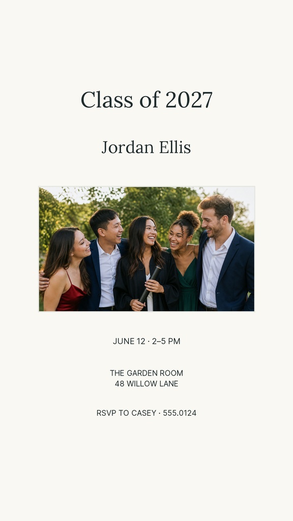 Minimal graduation invitation with Class of 2027 text and a group photo.