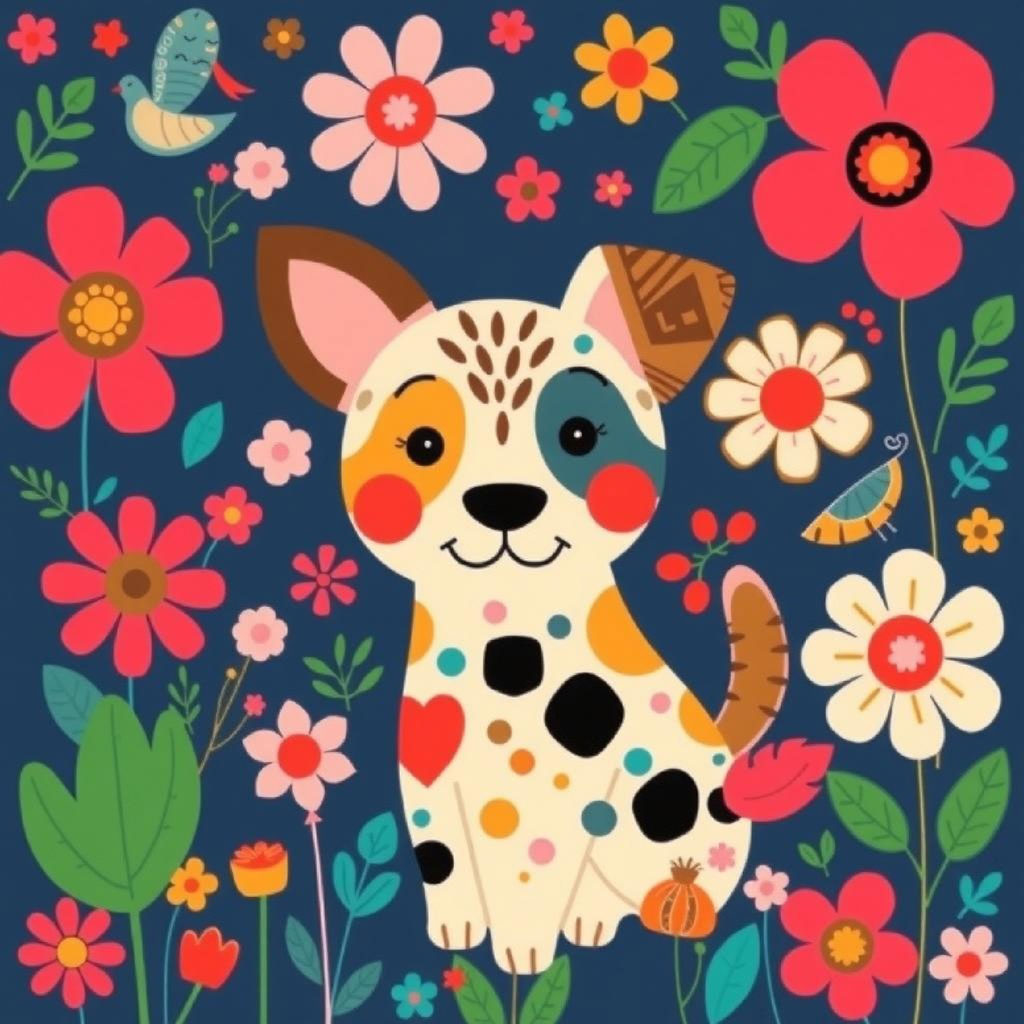 Illustration of a smiling woman with flowers in her hair, surrounded by colorful blooms and birds