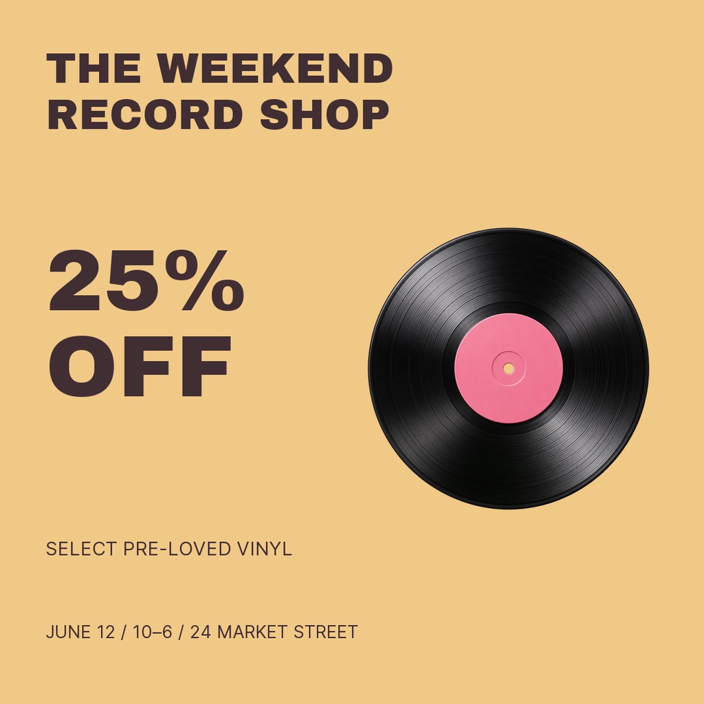 Square post with bold 25% off text and a vinyl record on a tan background.