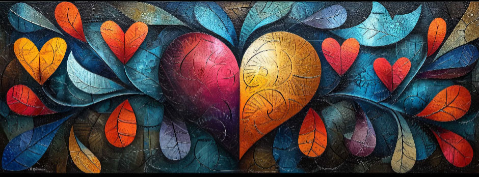 A colorful artwork with hearts and leaves