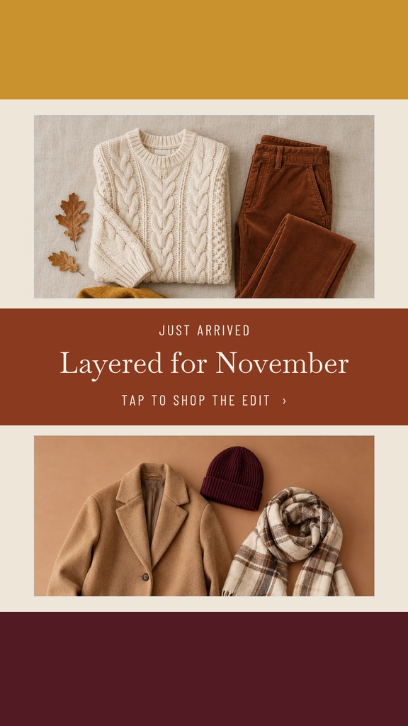 Three fashion flat lays with a sweater, pants, coat, scarf, and knit hat on warm backgrounds.