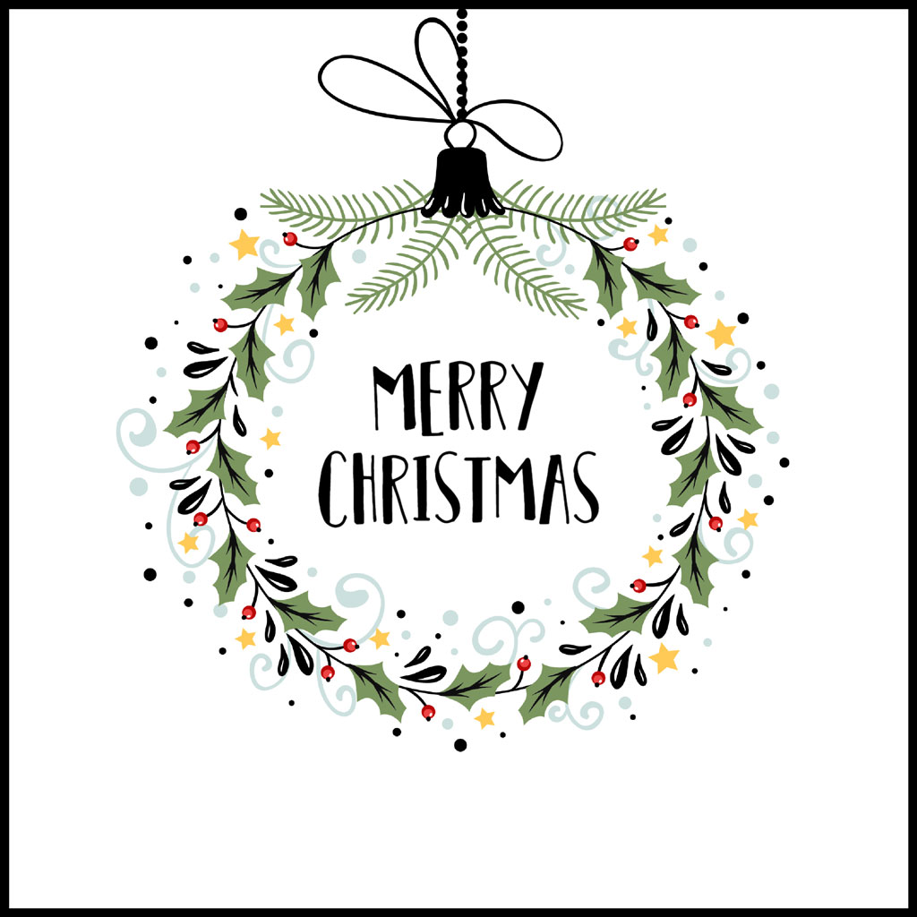 Merry Christmas wreath with green leaves and red berries