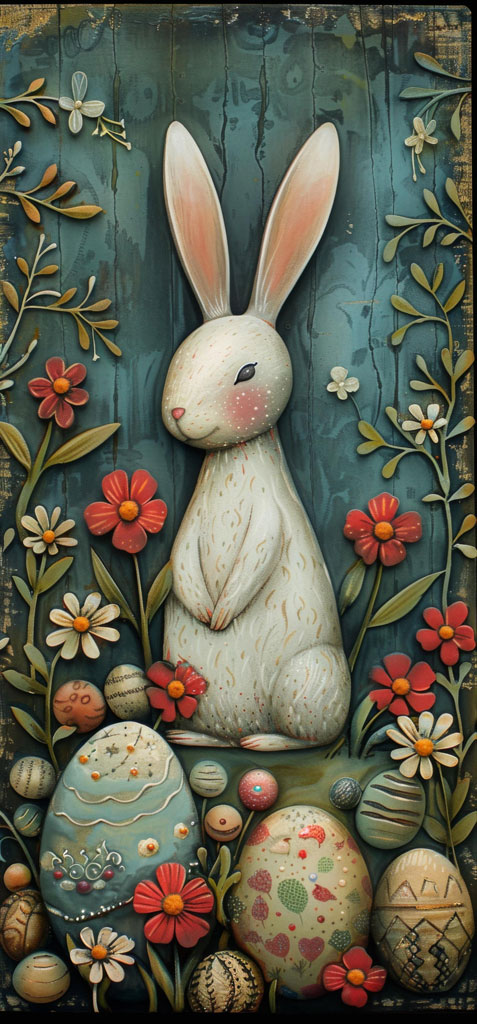 Illustration of a white Easter bunny with decorated eggs and flowers