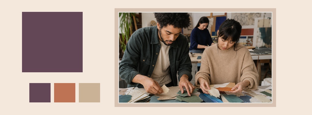Two people working at a table beside neutral and warm color swatches on a beige layout.