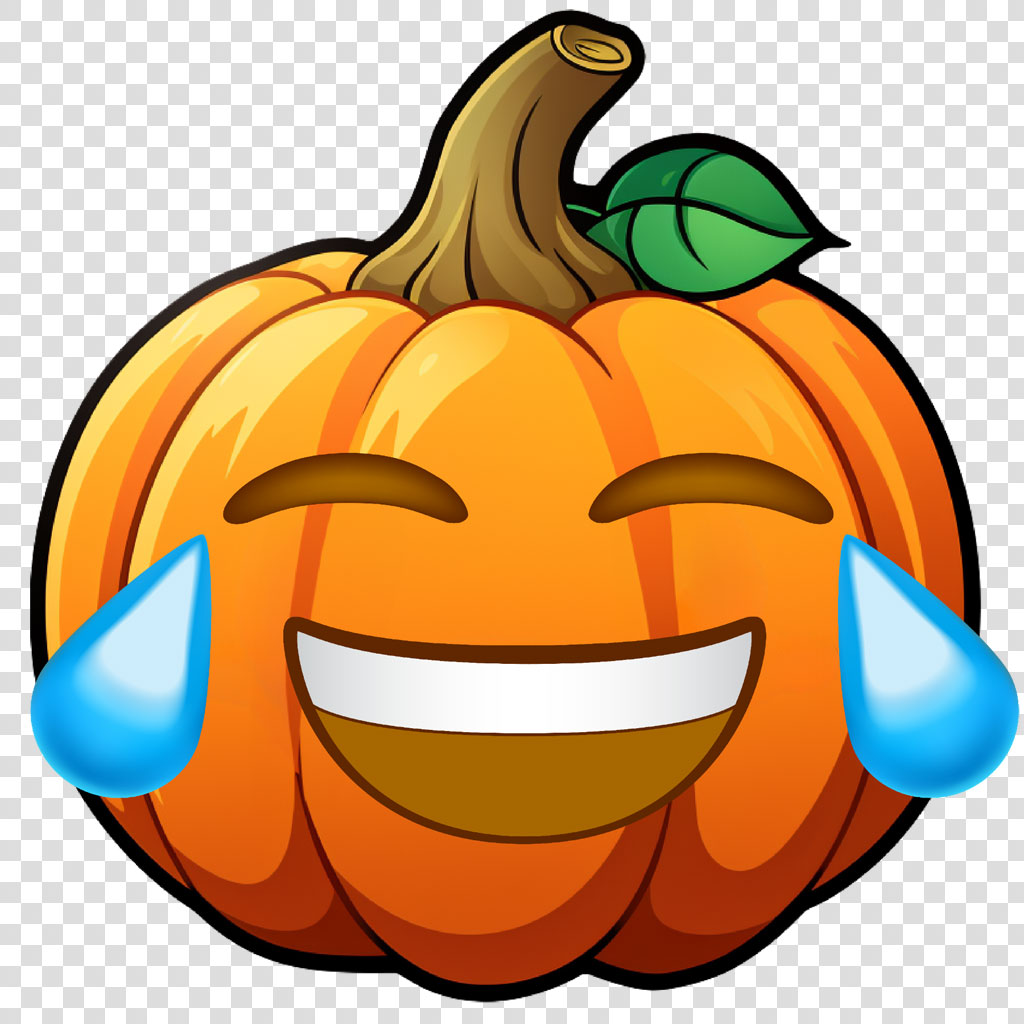 A smiling pumpkin emoji with tears of joy