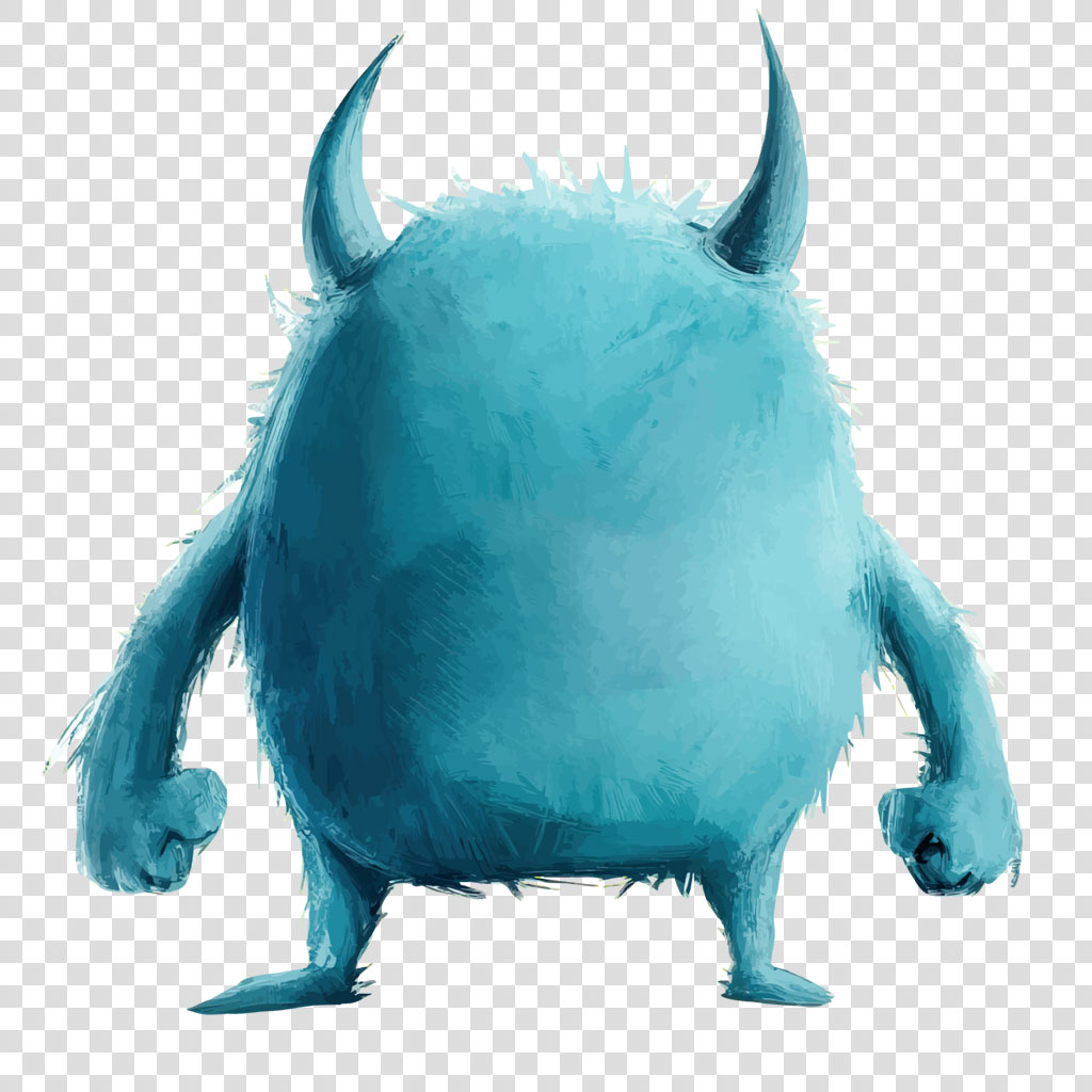 A blue furry monster with two horns and a round body