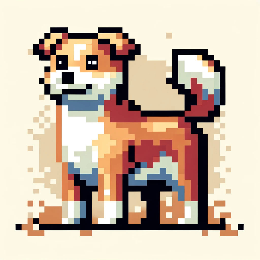 Pixelated dog with brown, black, and white fur sitting among red flowers